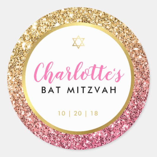 GLAM BAT MITZVAH moderne luxe roze gouden glitter Ronde Sticker (Voorkant)