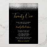 Glam Black and White 21st Birthday Gold Folie Uitnodiging<br><div class="desc">Deze moderne uitnodiging voor de folie van het verjaardagsgoud is bedoeld om indruk te maken! Stijlvolle faux-spiegellichten op een zwarte achtergrond met een modern script.</div>
