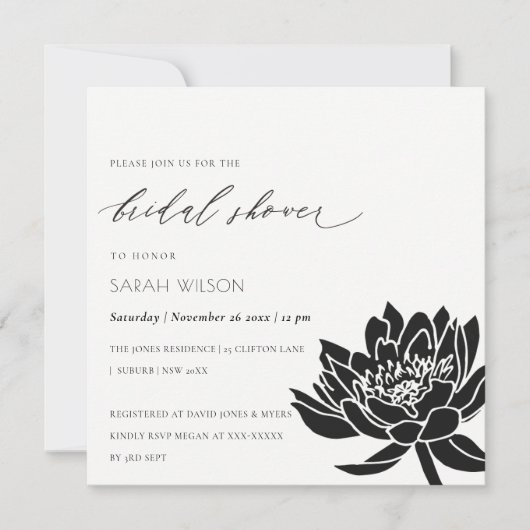Glam Black and White Lotus Floral Bridal Shower Kaart (Voorkant)