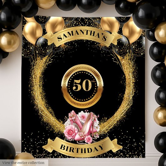 Glam Black Balloons Banner met Roze Hoge Hakken Wandkleed