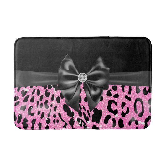 Glam Black Bow Diamond Roze Glitter Luipaard Badmat (Voorkant)