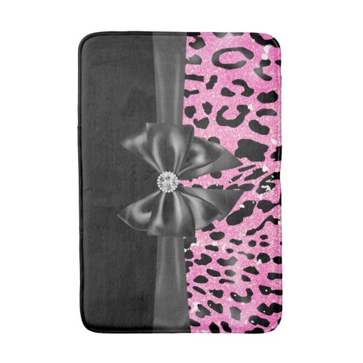 Glam Black Bow Diamond Roze Glitter Luipaard Badmat (Voorkant Verticaal)