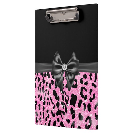 Glam Black Bow Diamond Roze Glitter Luipaard Klembord (Links)