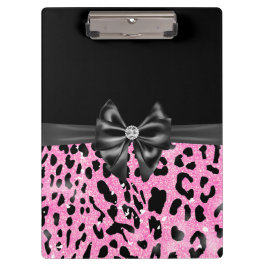 Glam Black Bow Diamond Roze Glitter Luipaard Klembord