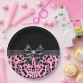 Glam Black Bow Diamond Roze Glitter Luipaard Papieren Bordje (Feest)