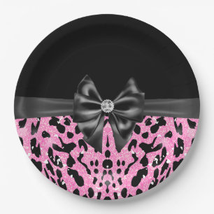 Glam Black Bow Diamond Roze Glitter Luipaard Papieren Bordje