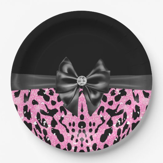 Glam Black Bow Diamond Roze Glitter Luipaard Papieren Bordje (Voorkant)