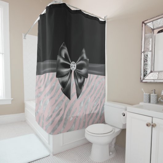 Glam Black Bow Diamond Roze Zilver Zebra Print Douchegordijn (In situ)