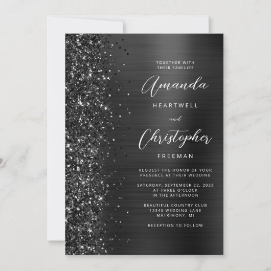 Glam Black Brushed Metal Glitter Script Wedding Kaart (Voorkant)