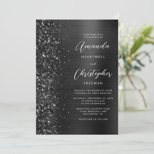 Glam Black Brushed Metal Glitter Script Wedding Kaart (Staand voorkant)