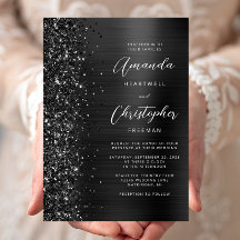Glam Black Brushed Metal Glitter Script Wedding