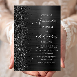 Glam Black Brushed Metal Glitter Script Wedding Kaart