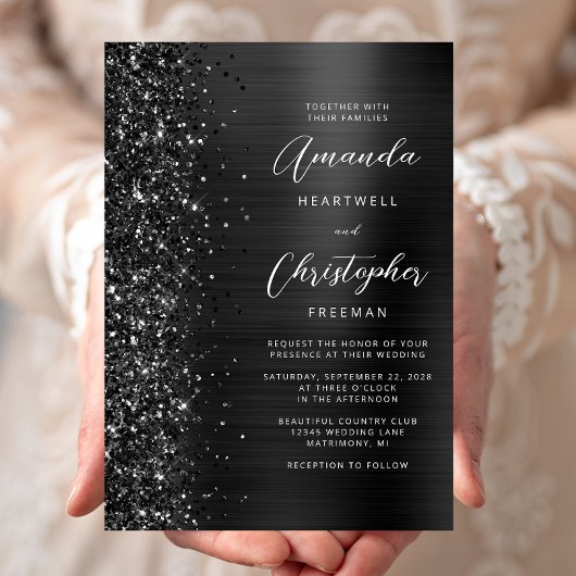 Glam Black Brushed Metal Glitter Script Wedding Kaart