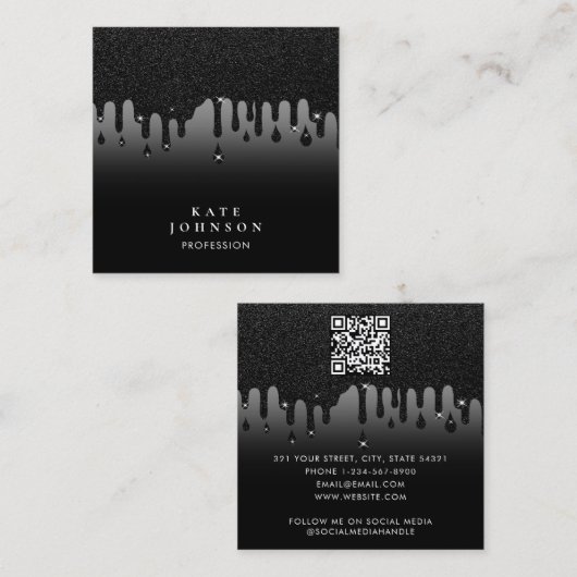 Glam Black Dripping Glitter QR-code Sociale media Vierkante Visitekaartje (Voorkant / Achterkant)