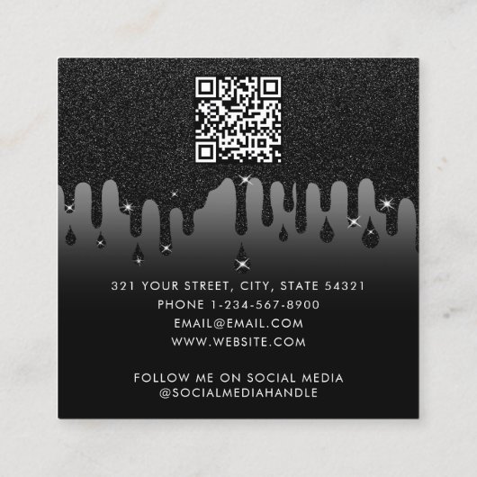 Glam Black Dripping Glitter QR-code Sociale media Vierkante Visitekaartje (Achterkant)