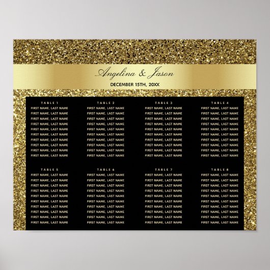 Glam Black en Gold Glitter Wedding Seating Chart Poster (Voorkant)