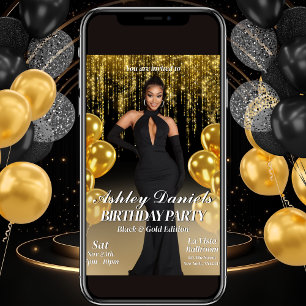 Glam Black en Gold verjaardagsfeestje uitnodiging