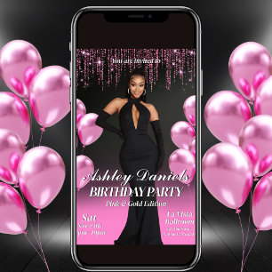 Glam Black en Pink verjaardagsfeestje uitnodiging