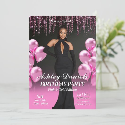 Glam Black en Pink verjaardagsfeestje uitnodiging (Staand voorkant)