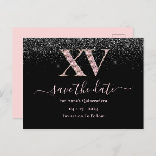 Glam Black en roze Quinceanera bewaren de datum Briefkaart