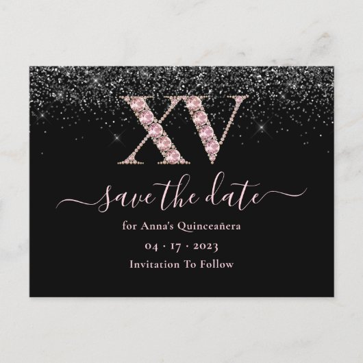 Glam Black en roze Quinceanera bewaren de datum Briefkaart (Voorkant)