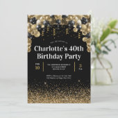 Glam Black Gold ballon Glitter Any Age Birthday Kaart (Staand voorkant)