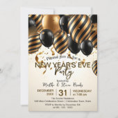 Glam Black Gold Balloons New Year's Eve Party Kaart (Voorkant)
