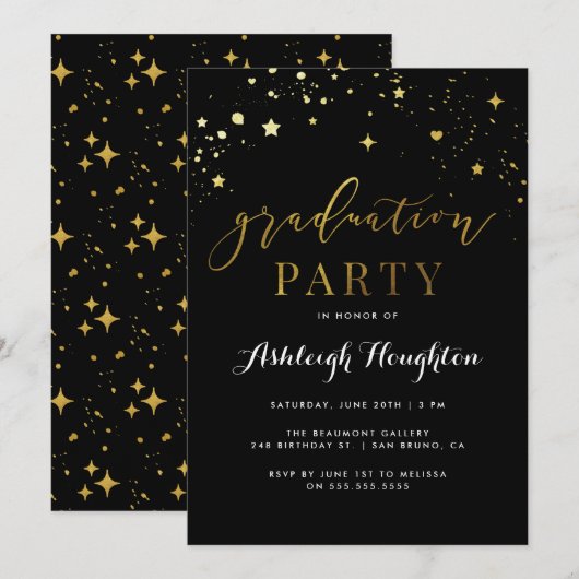 Glam Black & Gold Confetti Afstudeerfeest Kaart (Voorkant / Achterkant)