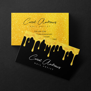 Glam Black Gold Glitter Drips Nagelstylist Salon Visitekaartje