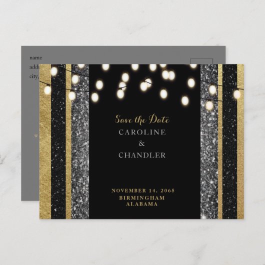 Glam Black & Gold Glitter-lampjes Bespaar op datum Aankondigingskaart (Voorkant / Achterkant)