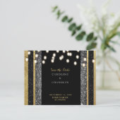 Glam Black & Gold Glitter-lampjes Bespaar op datum Aankondigingskaart (Staand voorkant)