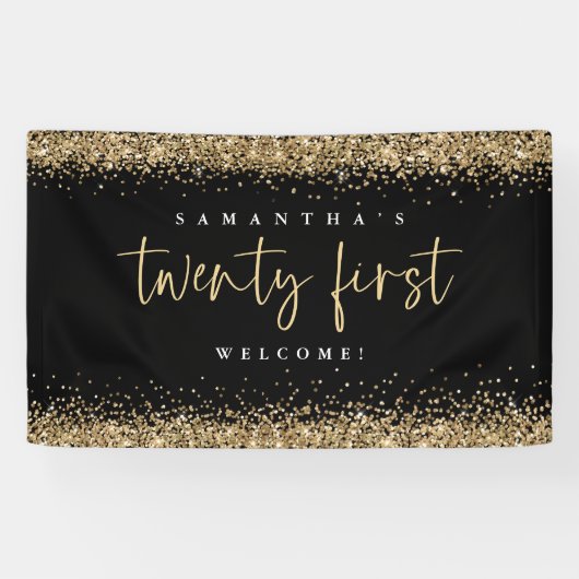Glam Black Gold Glitter Name Welkom 21st Spandoek (Horizontaal)