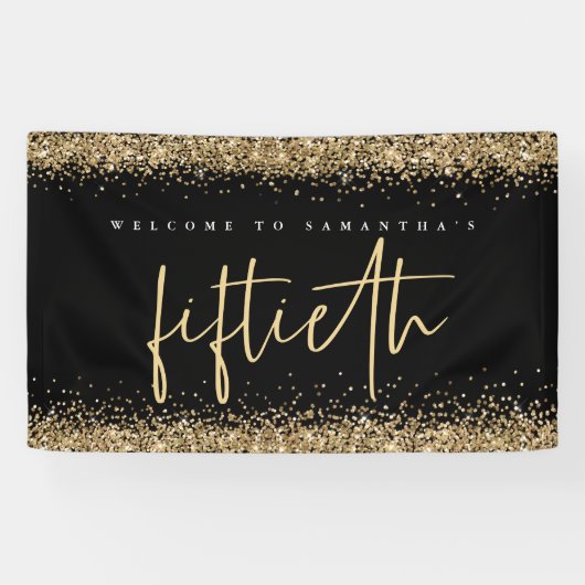 Glam Black Gold Glitter Name Welkom 50e Spandoek (Horizontaal)