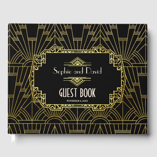 Glam Black & Gold Great Art Deco Wedding Gastenboek (Voorkant)
