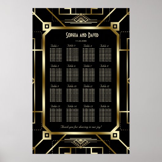 Glam Black Gold Great Gatsby 20s Stoelindeling Poster (Voorkant)