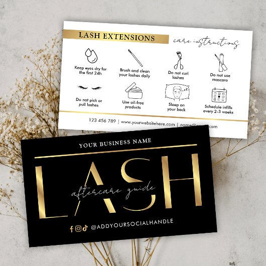 Glam Black & Gold Lash Extensions Nazorg Gids Visitekaartje