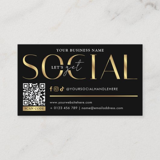 Glam Black & Gold Let's Get Social Media QR Code Visitekaartje (Voorkant)