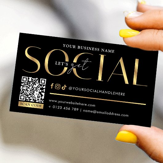 Glam Black & Gold Let's Get Social Media QR Code Visitekaartje