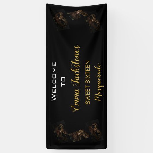 Glam Black & Gold Masquerade Verjaardag Welkom Spandoek (Verticaal)