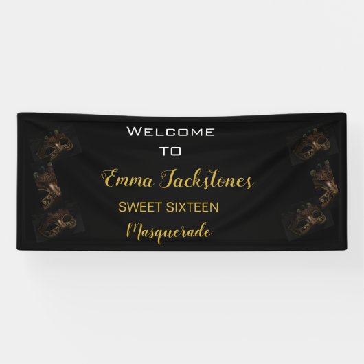 Glam Black & Gold Masquerade Verjaardag Welkom Spandoek (Horizontaal)
