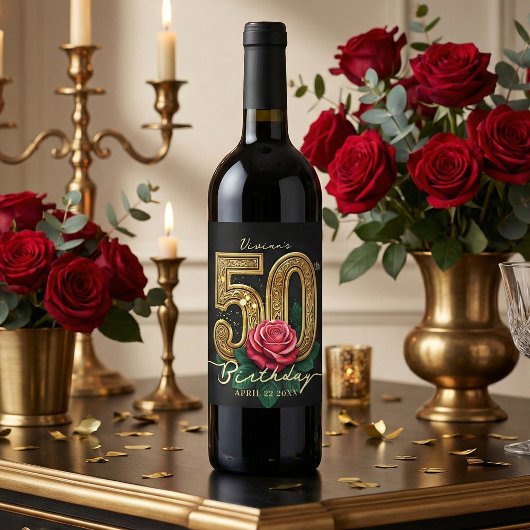 Glam Black Gold Red Rose 50th Birthday Party Wijn Etiket