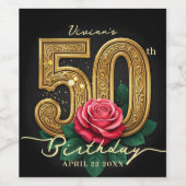 Glam Black Gold Red Rose 50th Birthday Party Wijn Etiket (Enkel label)