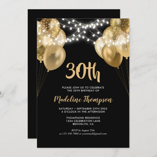 Glam Black Gold String Light ballon Birthday Kaart (Voorkant / Achterkant)