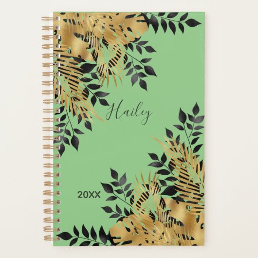 Glam Black & Gold Tropische bladeren Planner (Voorkant)