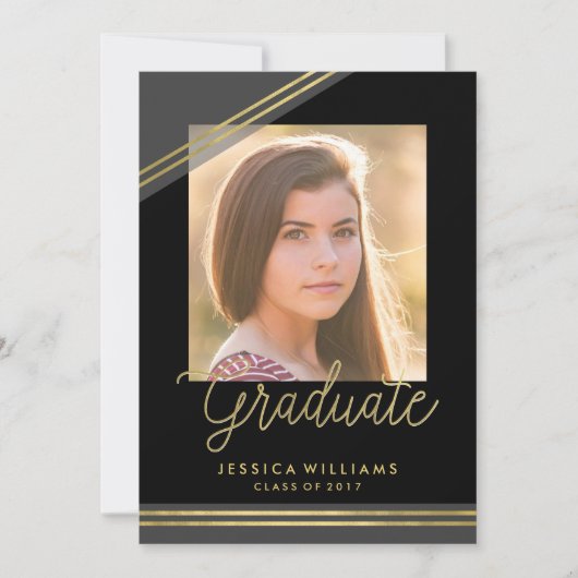 Glam Black + Gold Uitnodigingen voor afstuderen (Voorkant)