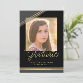 Glam Black + Gold Uitnodigingen voor afstuderen (Staand voorkant)