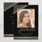 Glam Black + Gold Uitnodigingen voor afstuderen (Voorkant / Achterkant)