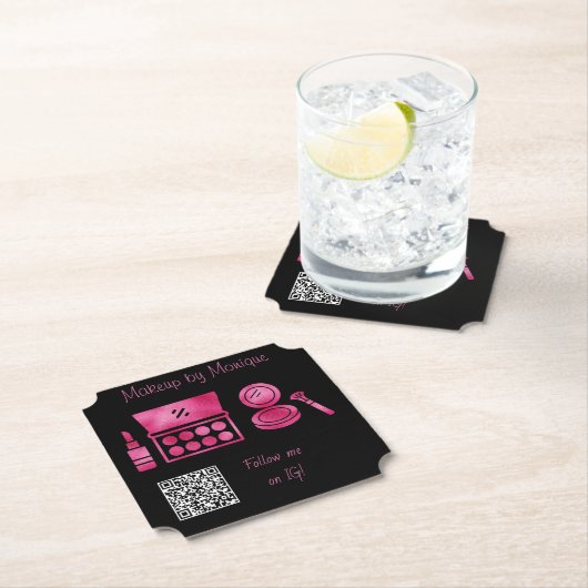 Glam Black & Hot Pink Visagist QR-code Kartonnen Onderzetters (Insitu)