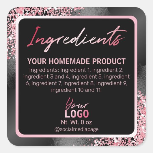 Glam Black met roze glitter ingrediënt labels (Voorkant)