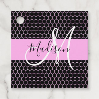 Glam Black Metallic Pink Honeycomb Monogram Naam Bedankjes Labels